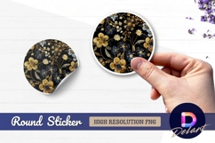 Elegant floral embroidery on black Round Sticker PNG Product Image 1