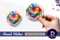 Hands holding rainbow heart round sticker png Product Image 1