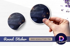 Nighttime house by the river round sticker png Product Image 1