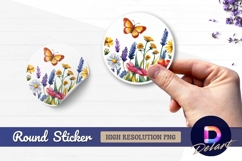 Watercolor butterfly and wildflowers round sticker png Product Image 1
