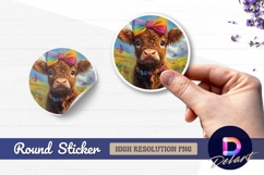 Cute cow with rainbow bow in field Round Sticker PNG Product Image 1