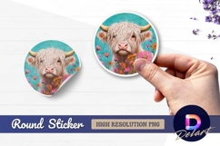 Watercolor highland cow surrounded by Round Sticker PNG Product Image 1