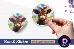 Cute calf with bow in meadow Round Sticker PNG Product Image 1