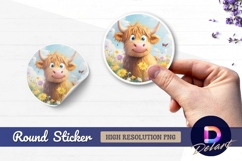 Cute highland cow surrounded by Round Sticker PNG Product Image 1