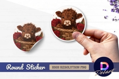 Baby cow calf with roses in basket Round Sticker PNG Product Image 1
