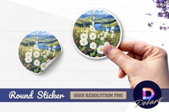 White flowers overlooking a mountain Round Sticker PNG Product Image 1