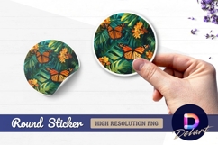 Monarch butterflies with tropical leaves Round Sticker PNG Product Image 1