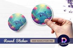 Dolphin swimming in coral reef Round Sticker PNG Product Image 1