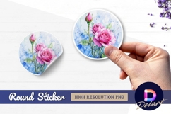 Watercolor pink roses flower round sticker png Product Image 1
