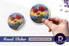 Two red roses overlooking mountain Round Sticker PNG Product Image 1