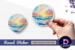 Sunset sea wave painting Round Sticker PNG Product Image 1
