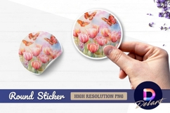 Tulips and butterflies watercolor Round Sticker PNG Product Image 1