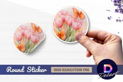 Pink tulips with orange butterflies round sticker png Product Image 1
