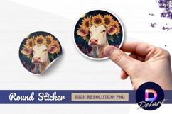 Cow with sunflower crown round sticker png Product Image 1