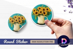 Sunflowers in pitcher on teal round sticker png Product Image 1
