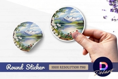 Mountain lake painting spring flowers Round Sticker PNG Product Image 1