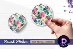 Tropical flowers and leaves watercolor round sticker png Product Image 1