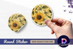 Sunflower dragonflies and leaves Round Sticker PNG Product Image 1
