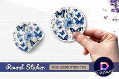 Blue butterflies and flowers watercolor Round Sticker PNG Product Image 1