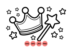 Black And White Princess Crown And Magic Wand Clipart Product Image 1