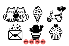 Cute Love Doodle Clipart With Cats Hearts Balloons Product Image 1