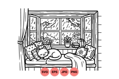 Hand Drawn Cozy Cat on Window Seat Illustration Product Image 1
