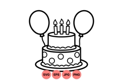 Outline Birthday Cake Clipart With Balloons For Parties Product Image 1