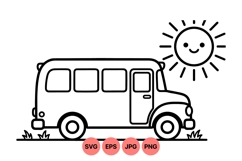 Cute School Bus Line Art Svg With Smiling Sun Product Image 1