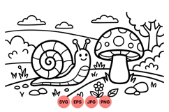 Cute Snail And Mushroom Lineart For Kids Coloring Product Image 1
