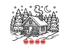 Winter Cabin Svg Clipart With Snowy Pine Trees Product Image 1
