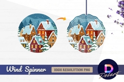Snowy village houses in winter Round Wind Spinner PNG Product Image 1