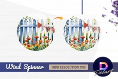 Watercolor garden scene with fence Round Wind Spinner PNG Product Image 1
