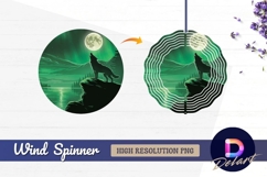 Wolf howling at moon under aurora Round Wind Spinner PNG Product Image 1