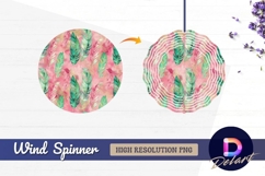 Watercolor feathers pink and green Round Wind Spinner PNG Product Image 1