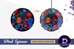 Neon floral embroidery on black Round Wind Spinner PNG Product Image 1