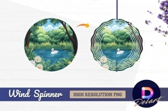 Swan on pond with daisies and trees Round Wind Spinner PNG Product Image 1