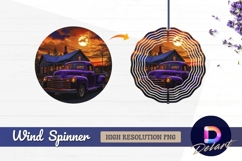 Purple truck at sunset rustic cabin Round Wind Spinner PNG Product Image 1