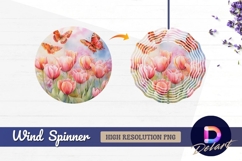Tulips and butterflies watercolor Round Wind Spinner PNG Product Image 1