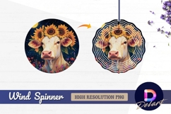 Cow with sunflowers under moonlight Round Wind Spinner PNG Product Image 1