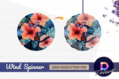 Hibiscus blooms with butterflies Round Wind Spinner PNG Product Image 1