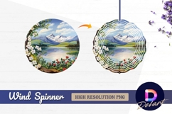 Mountain lake floral landscape Round Wind Spinner PNG Product Image 1