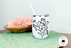 black dry weeds outline drawing on a white wine tumbler