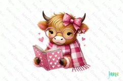Pink Valentine Highland Cow Reading Book Clipart Product Image 1