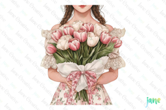 Pink Chinoiserie Spring Tulips Girl and Bouquet Clipart Product Image 1
