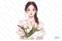 Pink Chinoiserie Spring Tulips Girl and Bouquet Clipart Product Image 1