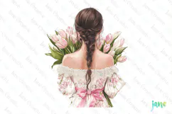 Pink Chinoiserie Spring Tulips Girl and Bouquet Clipart Product Image 1