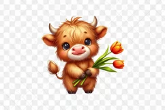 Cute Highland Cow And Tulip Flower Clipart Product Image 2
