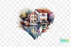 Houses On Canal Heart Watercolor Sublimation Clipart Product Image 2