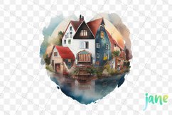 Houses On Canal Heart Watercolor Sublimation Clipart Product Image 3