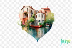Houses On Canal Heart Watercolor Sublimation Clipart Product Image 4